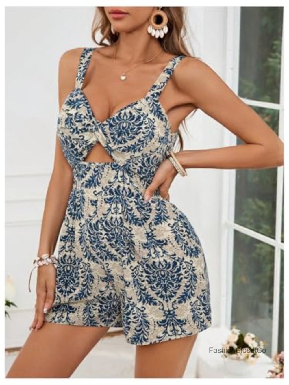 Cut Out Twist V Neck Sleeveless High Waisted Boho Shorts Jumpsuit Romper - Picture 5 of 5